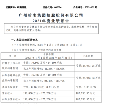 岭南控股2021年预计亏损1.09亿-1.41亿 同比亏损减少 创新产品供给